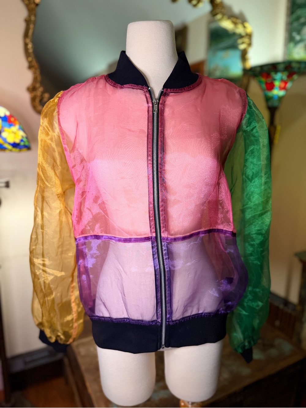 Sheer Organza Colorblock Bomber Jacket - Pink/Yellow/Green